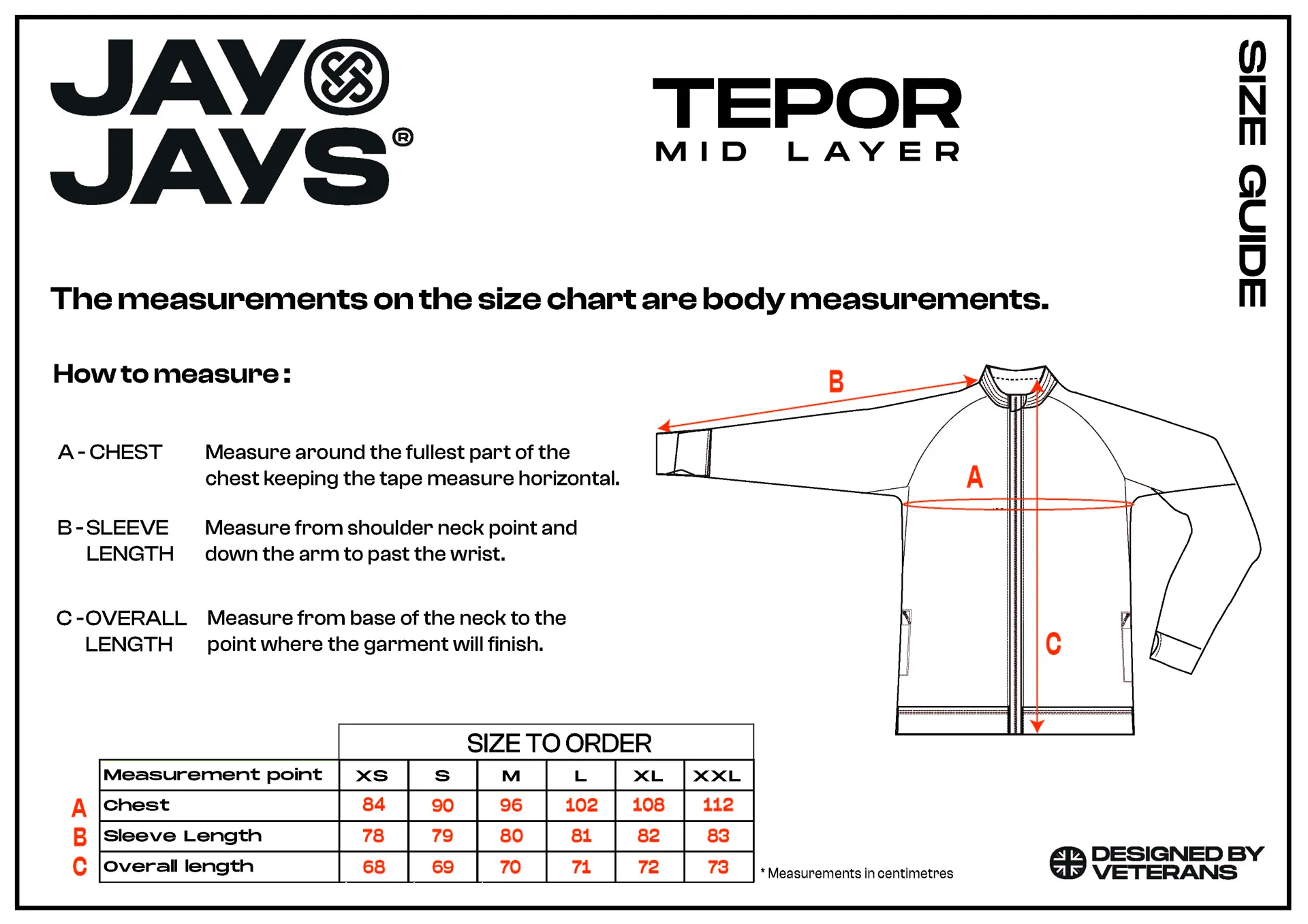 JayJays Tepor base layer jacket size chart
