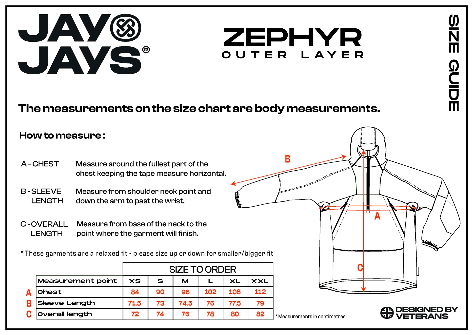 JayJays Zephyr windbreaker - windrunner jacket size chart
